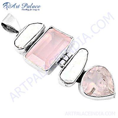 Sparkling Pearl & Rose Quartz Gemstone Silver pendant