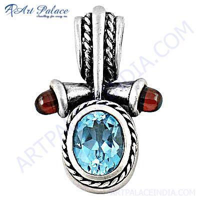 Graceful Glamour Blue Topaz & Garnet Gemstone Silver Pendant