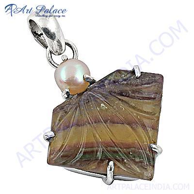 New Fashionable Fluriote & Pearl Gemstone Silver Pendant