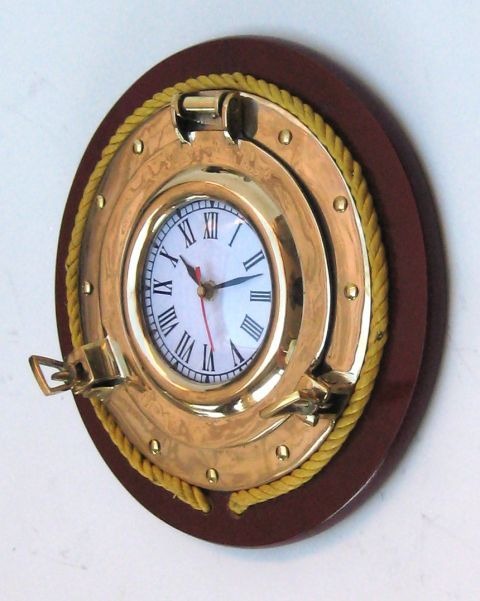 BRASS PORTHOLE  CLOCK WITH ROPE AND WOOD  11.5"