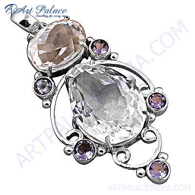 Graceful Glamour Amethyst & Crystal Gemstopne Silver Pendant