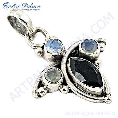 Antique Style Black Onyx & Rainbow Moonstone Silver Pendant