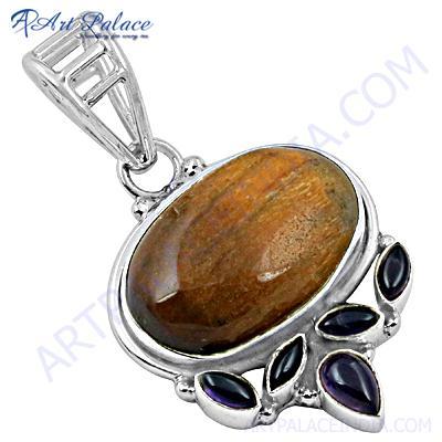 Glamour Amethyst & Tiger Eye Gemstone Silver Pendant