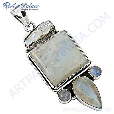 Unusual Pearl & Rainbow Moonstone Gemstone Silver Pendant