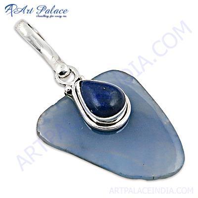 Special Cutting Blue Chalcedony & Lapis Gemstone Silver Pendant