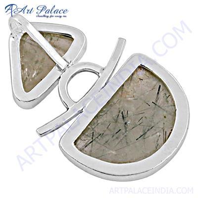 Elegant Black Rutilated Quartz Gemstone Silver Pendant