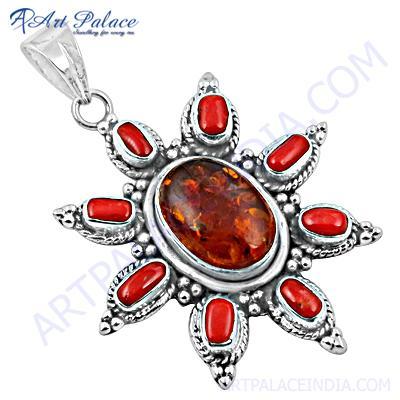 New Extra Shine Amber & Coral Gemstone Silver Pendant