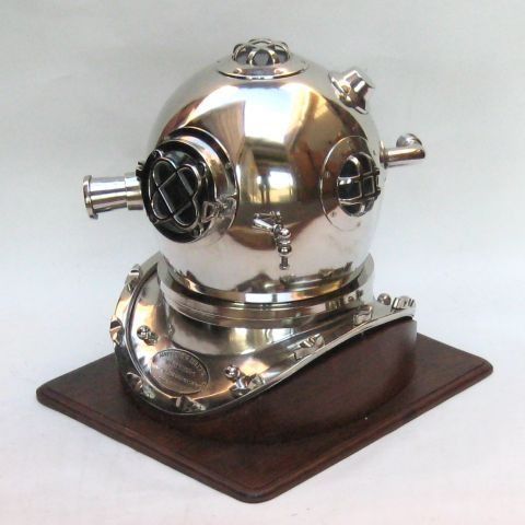 NAUTICAL ALUMINUM DIVERS HELMET MARK V WITH  WOODEN BASE 18"