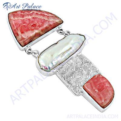Luxurious Fresh Water Pearl, Pink Opalite Gemstone Silver Pendant