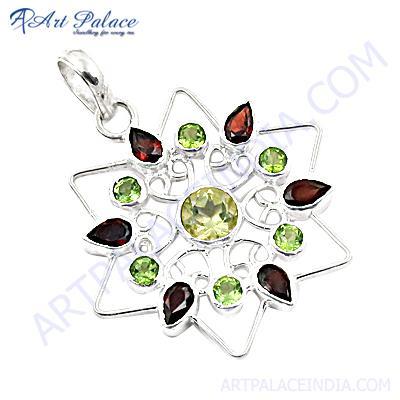 Beautiful Garnet & Peridot Gemstone Silver Pendant