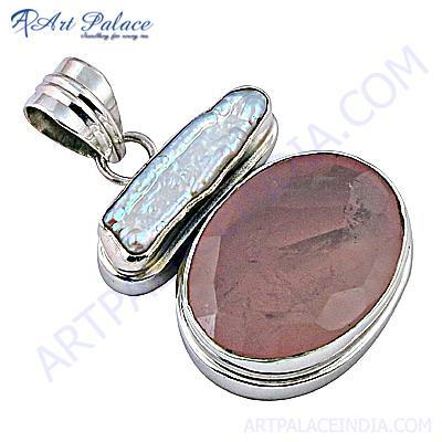 Sensational Pearl & Rose Quartz Gemstone Silver Pendant