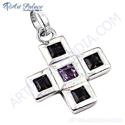 Cross Style Amethyst & Garnet Gemstone Silver Pendant