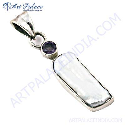 Party Wear Amethyst & Pearl Gemstone Silver Pendant