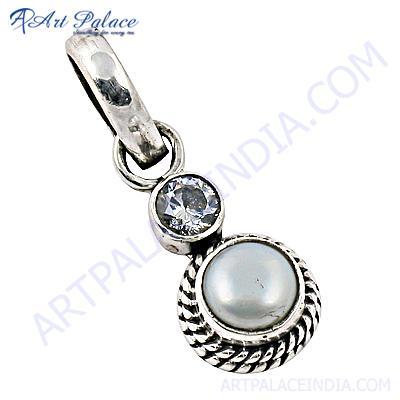 Designer Cubic Zirconia & Pearl Gemstone Silver Pendant