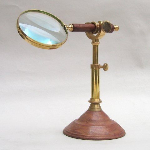 NAUTICAL BRASS AND WOOD MAGNIFYING GLASS WOODEN HANDLED WITH STAND 