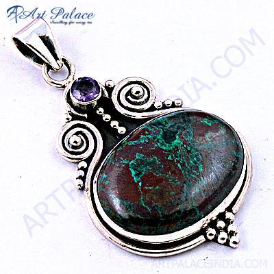 Party Wear Amethyst & Chrysocolla Gemstone Silver Pendant