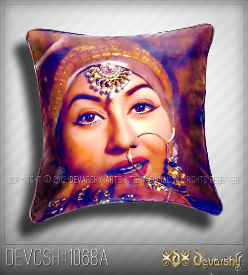 Digital Print Bollywood Cushion Cover in Satin/Velvet - 16X16 Inches, Red Color, Custom Sizes Available, Square Shape, Nostalgic Madhubala Design