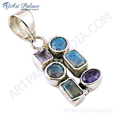 Indian Touch Amethyst & Labradorite Gemstone Silver Pendant