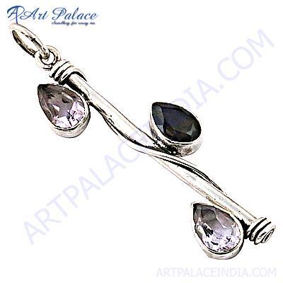 Fashion Accessories Amethyst & Smokey Quartz Gemstone Silver Pendant