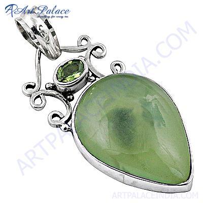 Famous Designer Peridot & Prenite Gemstone Silver Pendant
