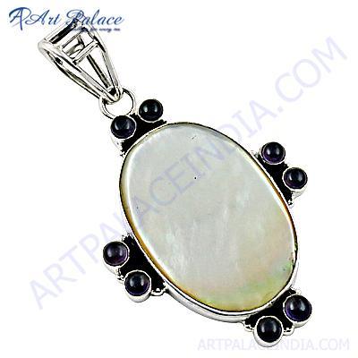 Excellent New Fashionable Amethyst & Shell Gemstone Silver Pendant By ART PALACE