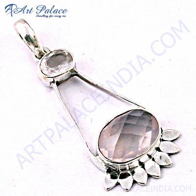 Ladies Designer Crystal & Rose Quartz Gemstone Silver Pendant