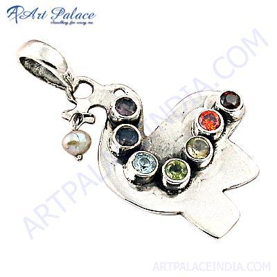 Bird Style Pretty Multi Stone & Pearl Silver Pendant