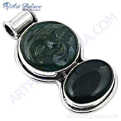 Latest Black Onyx & Green Aventurine Gemstone Silver Pendant