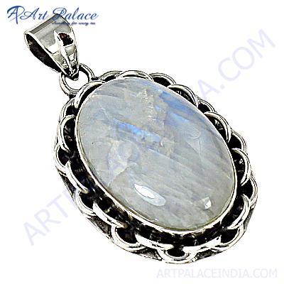 Delicate Rainbow Moonstone Gemstone Silver Pendant