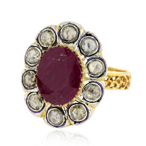Antique Ring Jewelry - 14kt Gold 925 Silver, Rose Cut Diamond 0.63cts, Ruby 2.24cts, Handcrafted Design