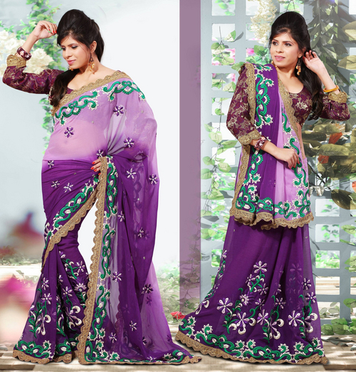 Exclusive Sarees - Purple Chiffon Saree, 5.5 Meters, Brocade Blouse | Resham, Stone, Zari, Patch Border Work