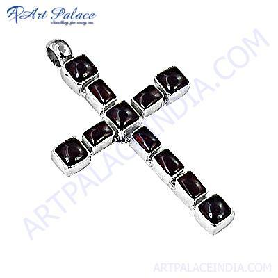 Garnet Gemstone Silver Pendant In Cross Style