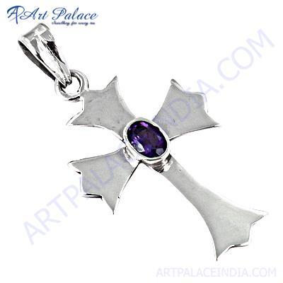 Trendy Cross Gemstone Silver Pendant With Amethyst 