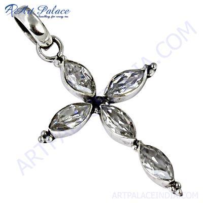 Charming Cross Cubic Zirconia Gemstone Silver Pendant