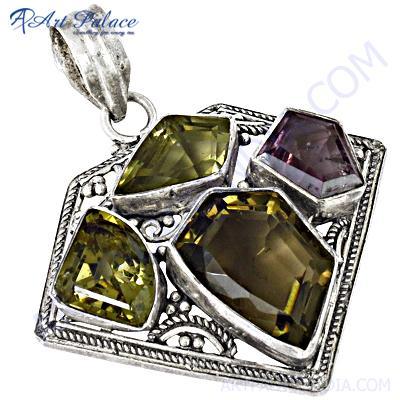 New Extra Shine Amethyst & Lemon Quartz Gemstone Silver Pendant