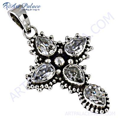 Indain Designer Cubic Zirconia Silver Cross Pendant