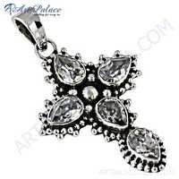 Indian Designer Cubic Zirconia Silver Cross Pendant - 925 Sterling Silver, 31x52 Mm, Pear-shaped Zirconia