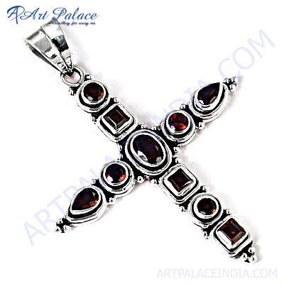 Cross Style Gemstone Silver Pendant With Garnet