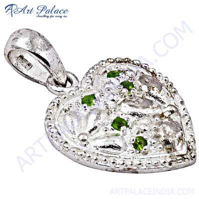 Cute Heart Silver Pendant With Gemstone Peridot