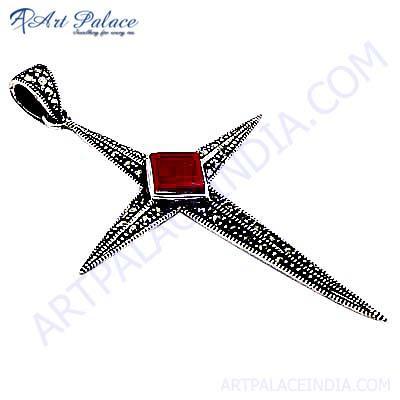 Trendy Cross Gemstone Silver Pendant With Red Coral