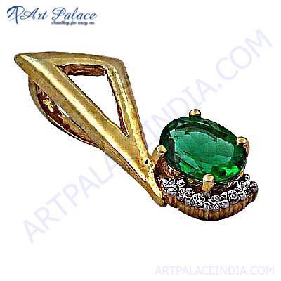 Unique Style Cubic Zirconia & Green Aventurine Gold Plated Gemstone Silver Pendant