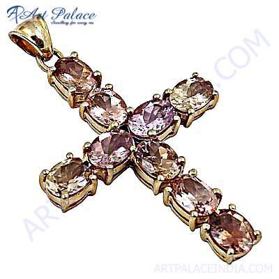 Cross Style Citrine & Pink Cubic Zirconia Gold Plated Silver Pendant By ART PALACE