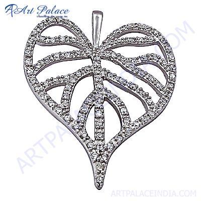 Classic Cubic Zirconia Leaf Style Silver Pendant