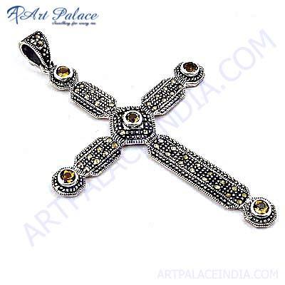 Ethnic Designer Citrine Gemstone Sterling Silver Cross Pendant