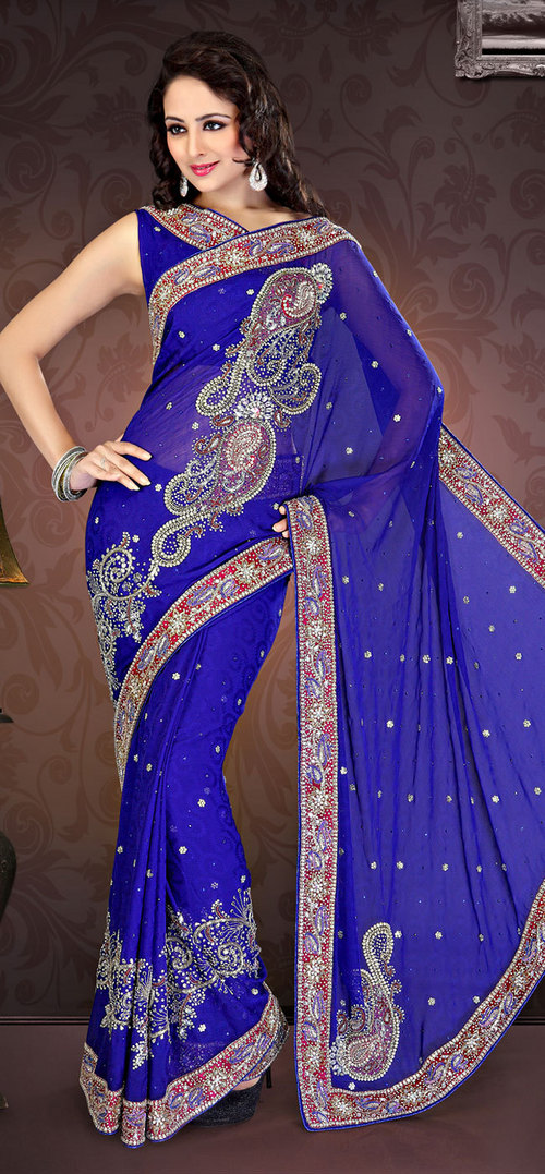 Blue Stones Studded Chiffon Saree