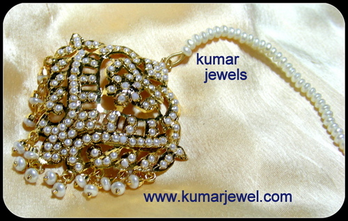 Pearl Maang Tikka - Silver Alloy With 22 kt Gold Plating, Freshwater & Semi-Precious Pearls, Elegant Design