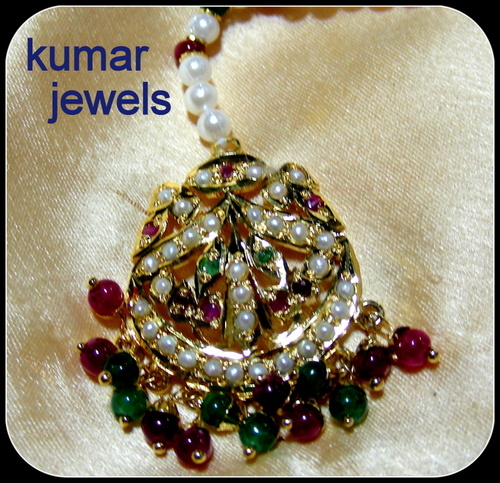 Small Round Maang Tikka - Silver Alloy, 2x2 cm, Gold Plated, Ruby Emerald Pearl, Bridal Jewelry, Lightweight, Traditional Look