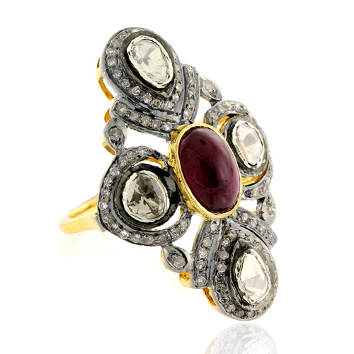 Rose Cut Diamond Ruby Gemstone Ring 