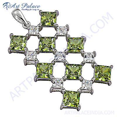 Precious Antique Cubic Zirconia & Peridot gemstone Silver Pendant