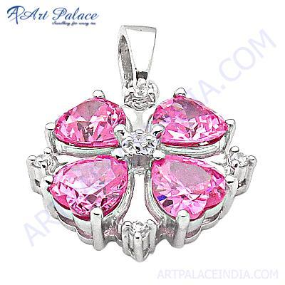 Lovely Heart Shape Pink Cubic Zirconia Silver Pendant